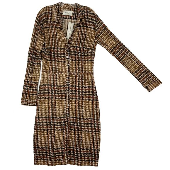 NWT SAMANTHA SUNG Dress US 6 Brown Wool-Silk Knit Houndstooth Button-Up”Jenny”